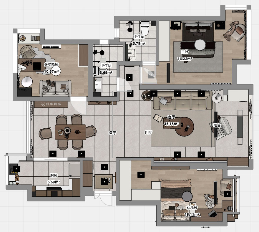朱彦｜名都花园4-901-117㎡-现代简约风格｜3室2厅2卫｜老房改造｜定制家｜全包15万｜00_03平面彩图